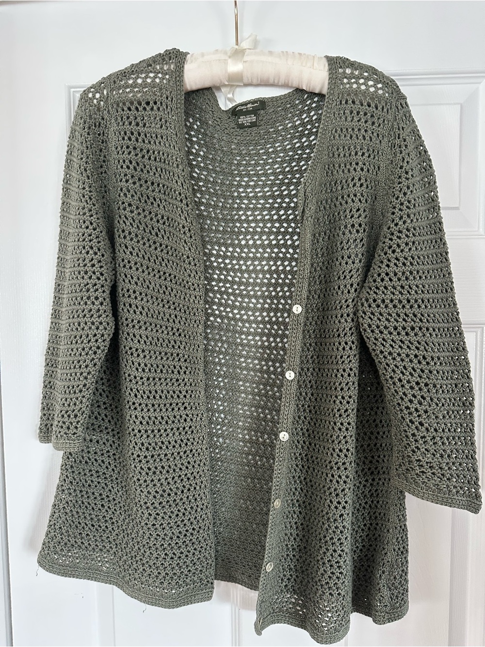 Eddie Bauer Sage Green Crochet Button-Front 3/4 Cardigan 100 percent Cotton